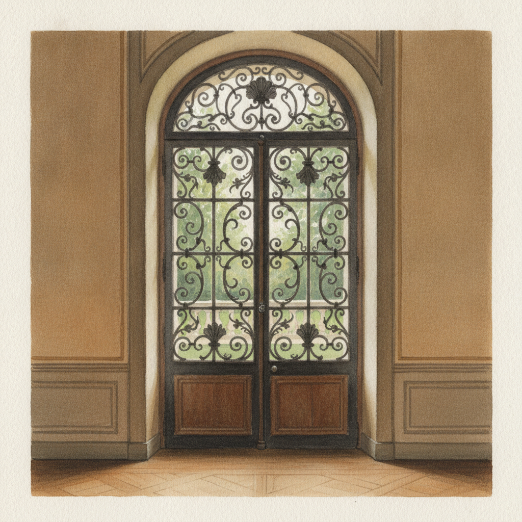 Illustration d'une élégante porte-fenêtre du 18ème siècle avec des ornements en ferronnerie, potentiellement exposée dans un musée.