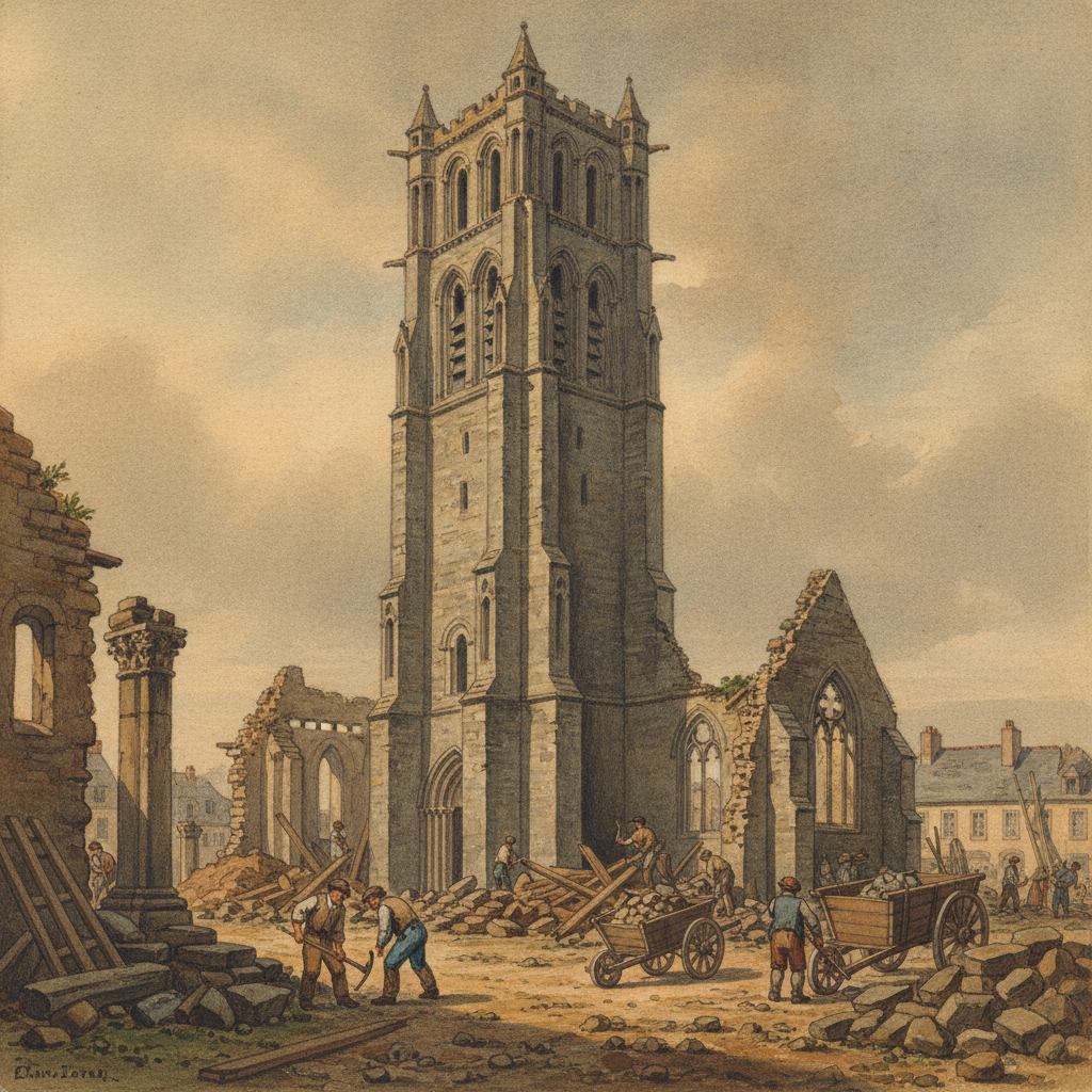 Une gouache représentant la Tour de la Vieille Église de Saint-Omer en 1799, vue depuis la rue, avec des ouvriers en train de démolir les ruines de l'ancienne église Saint-Denis.