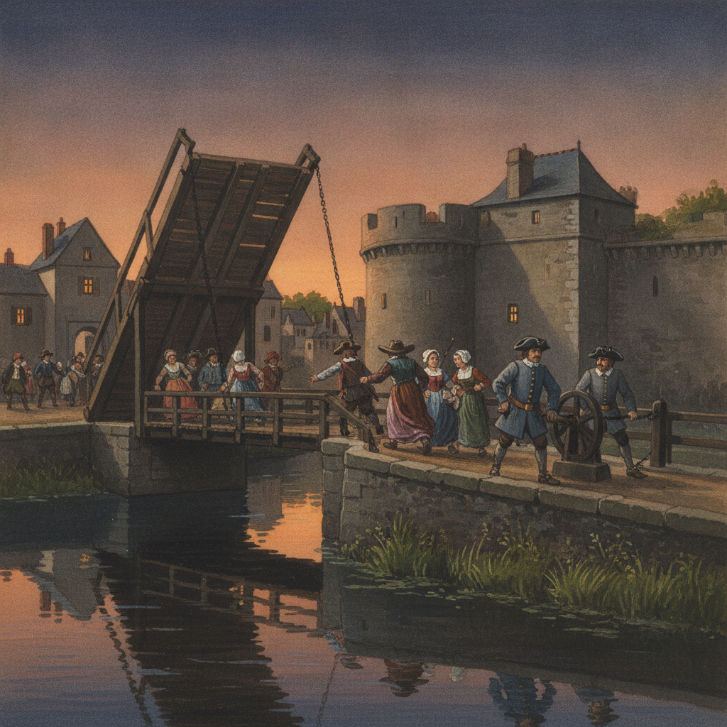 Une gouache représentant le pont-levis des Salines à Saint-Omer au XVIIe siècle, en train d'être levé au crépuscule, avec des habitants et des gardes.