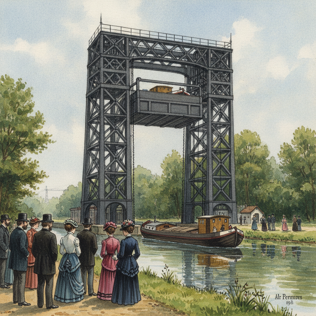 Une gouache représentant l'ascenseur des Fontinettes en 1888, avec une péniche en train de monter et des spectateurs.