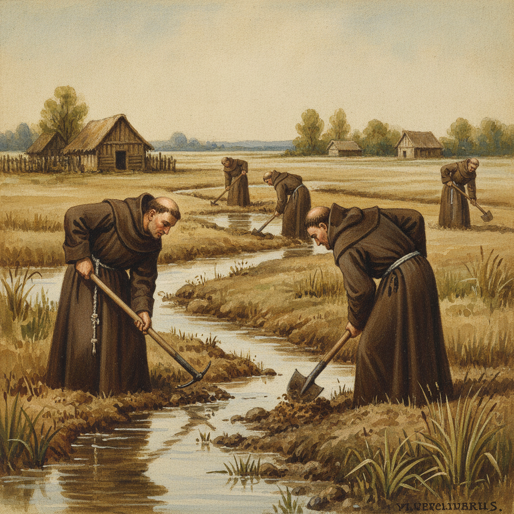 Une gouache représentant des moines médiévaux, vêtus de robes sombres, creusant des fossés dans un paysage marécageux. L'eau est présente, la végétation est basse et quelques arbres épars. Un ciel clair éclaire la scène.