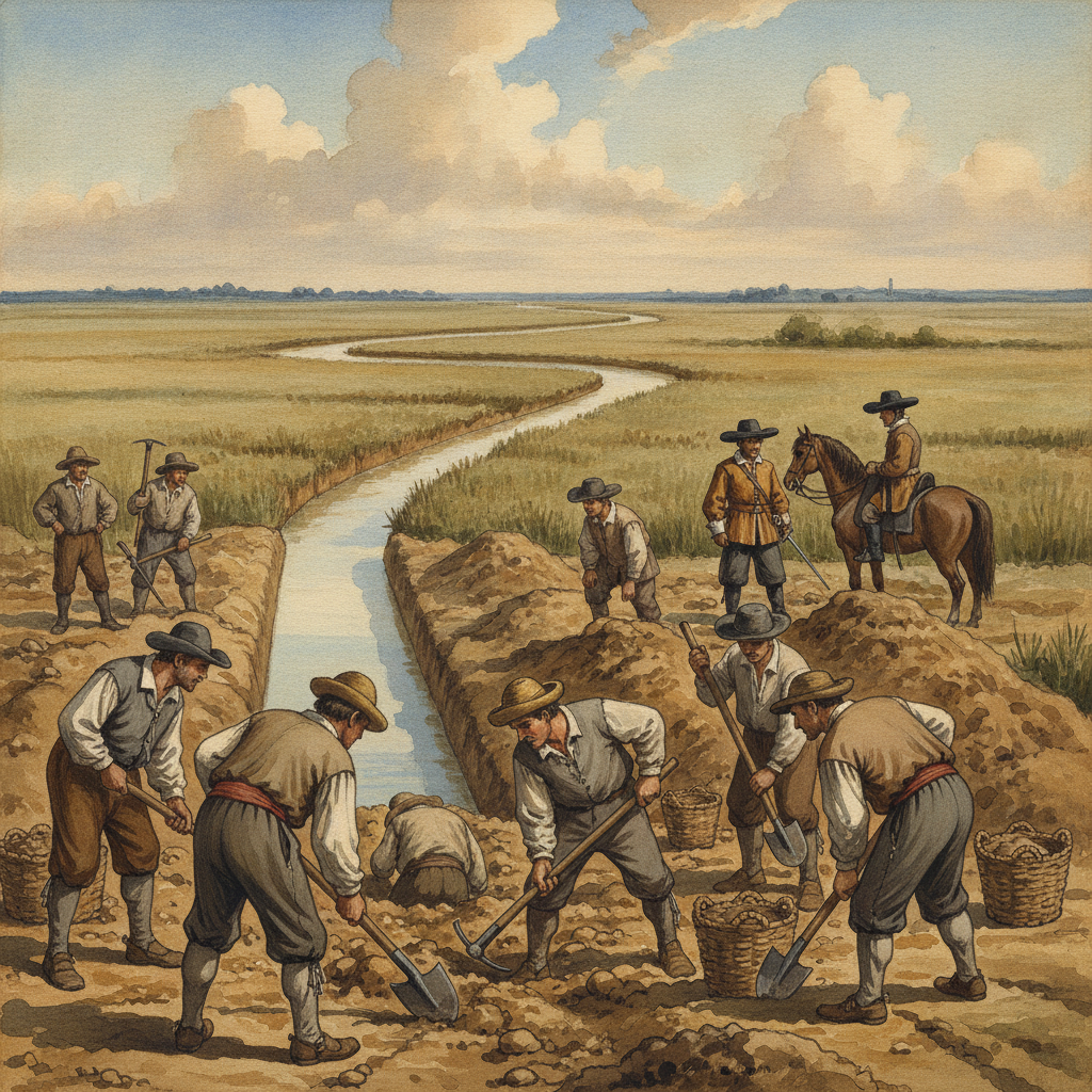 Une gouache représentant la construction de la Coupure de l'Aa, un canal, dans la campagne audomaroise au XVIIe siècle.