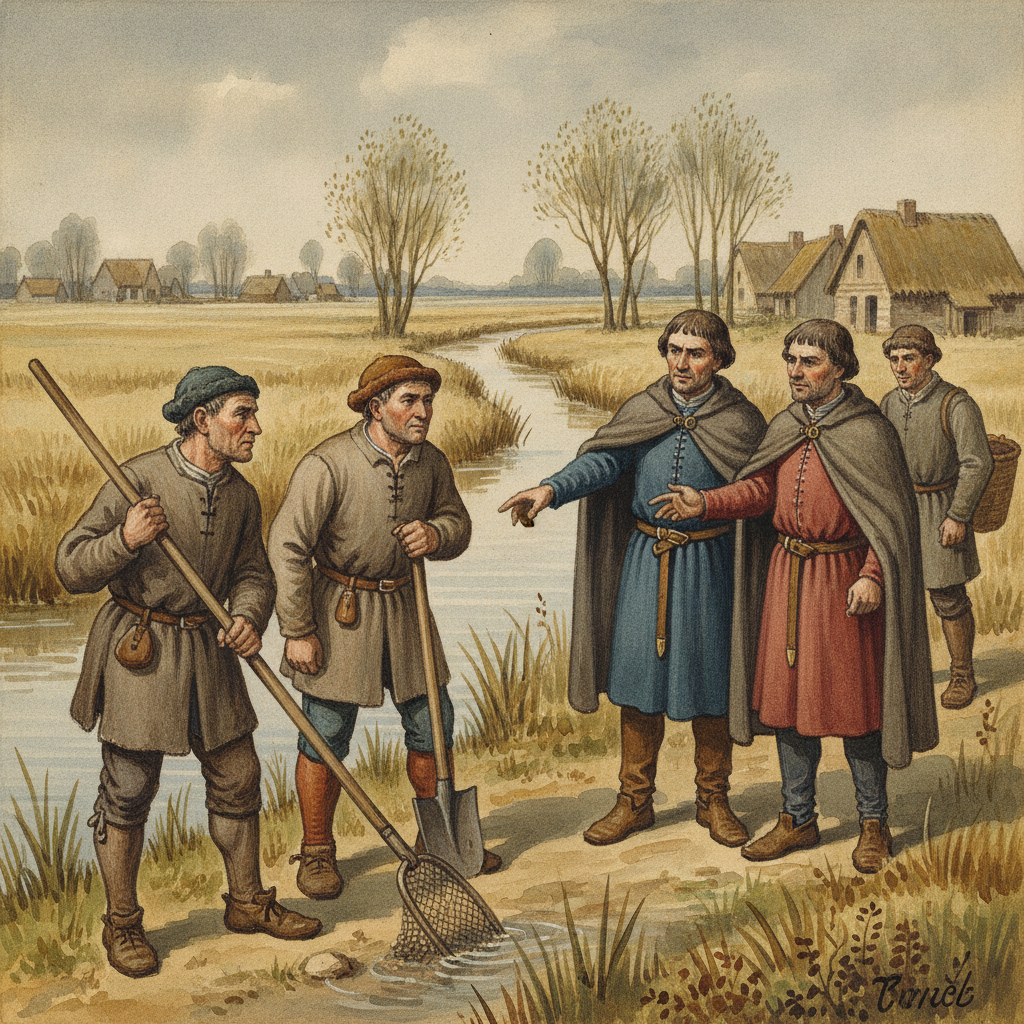 Des hommes du Moyen Âge, paysans et notables, discutant près d'un canal dans le marais audomarois, symbolisant l'organisation des Watringues.