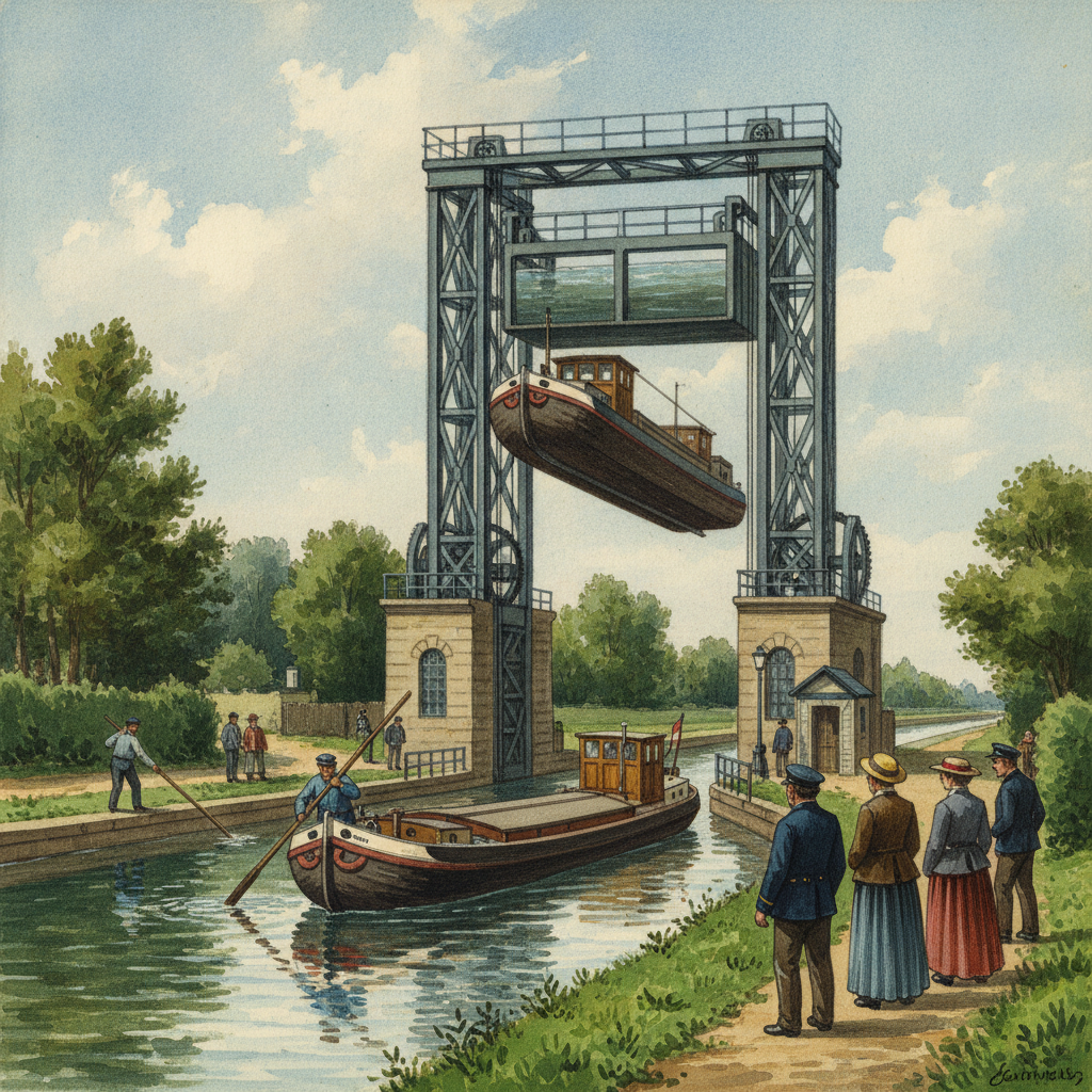 Illustration montrant le bac à bateaux des Fontinettes en pleine activité, avec une péniche dans l'un des caissons.
