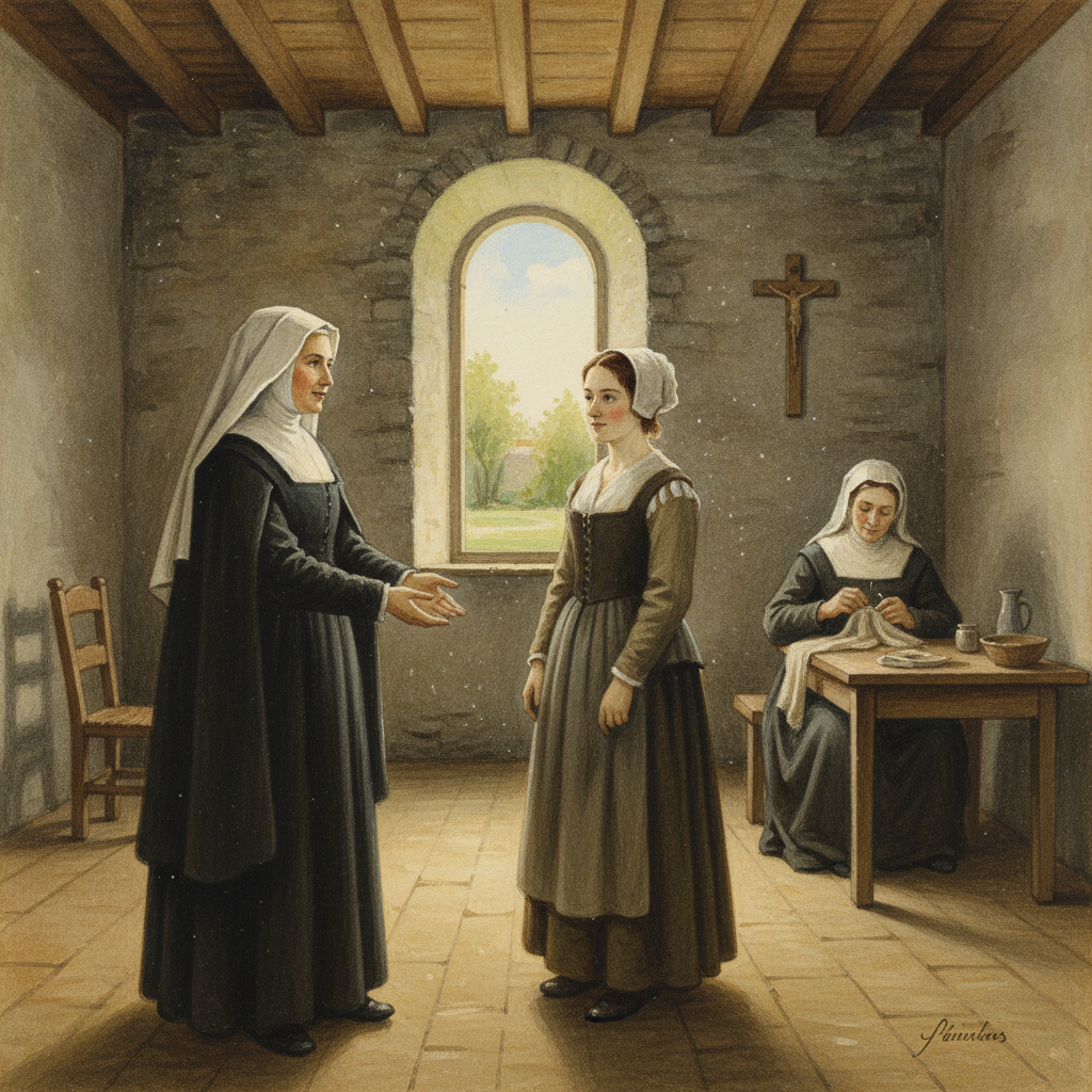 Une gouache représentant des religieuses Pénitentes du 17e siècle accueillant une femme dans un couvent simple de Saint-Omer.