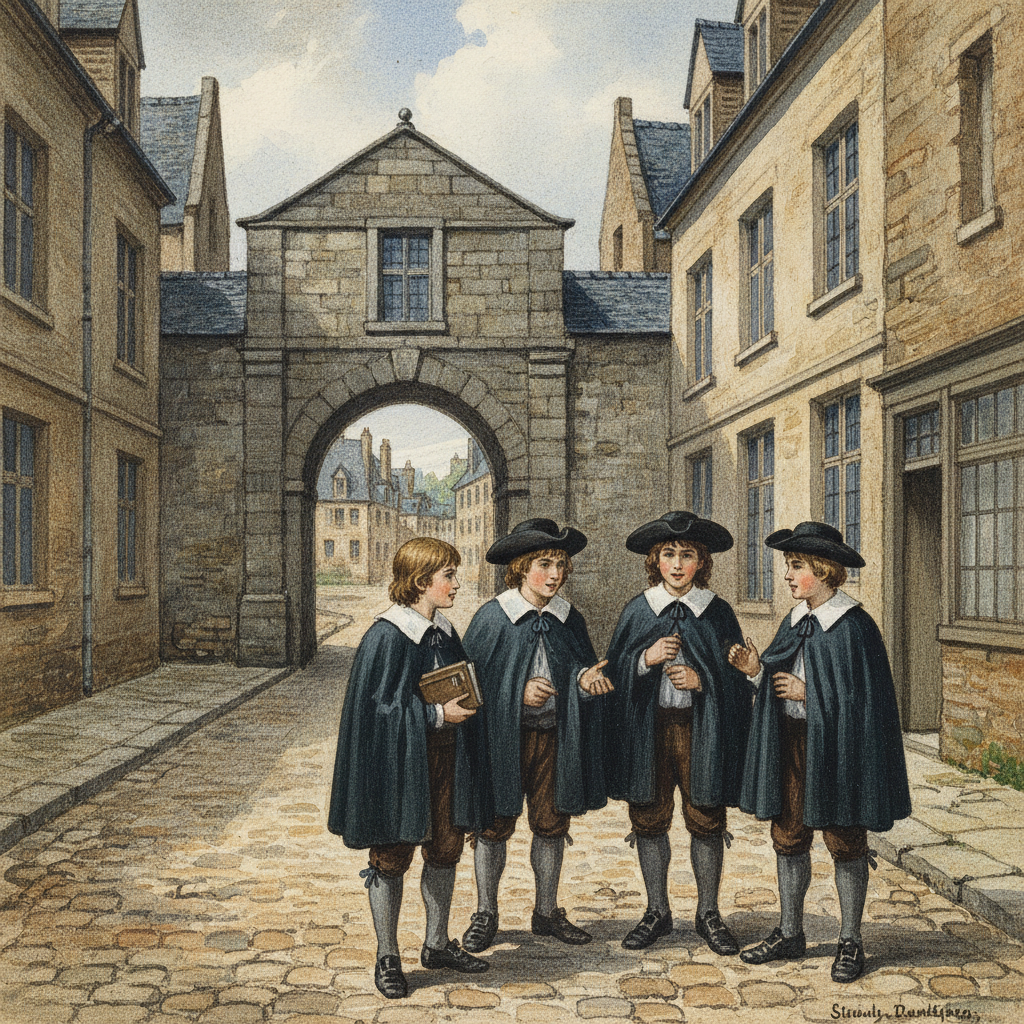 Une gouache représentant une rue pavée de Saint-Omer au 17e siècle, avec des bâtiments en pierre et des étudiants anglais en costume d'époque qui discutent devant un portail d'entrée orné.
