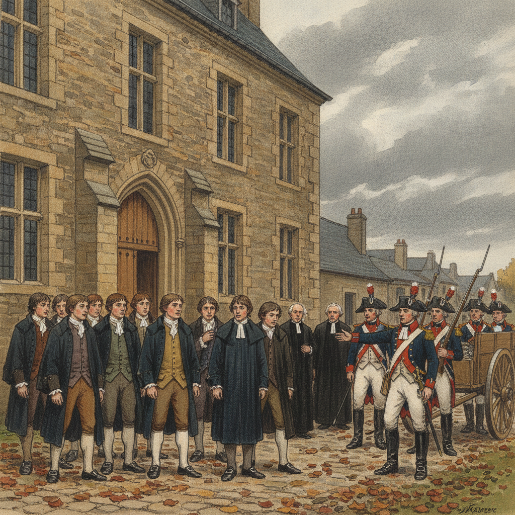Illustration montrant l'arrestation de professeurs et d'élèves du Collège des Anglais de Saint-Omer par des gardes nationaux en 1793, devant le bâtiment historique du collège.