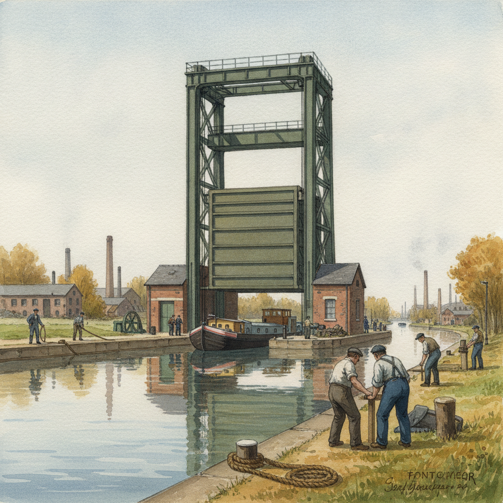 Gouache représentant l'Ascenseur à bateaux des Fontinettes à Arques vers 1900, avec une péniche en cours d'élévation et des ouvriers.