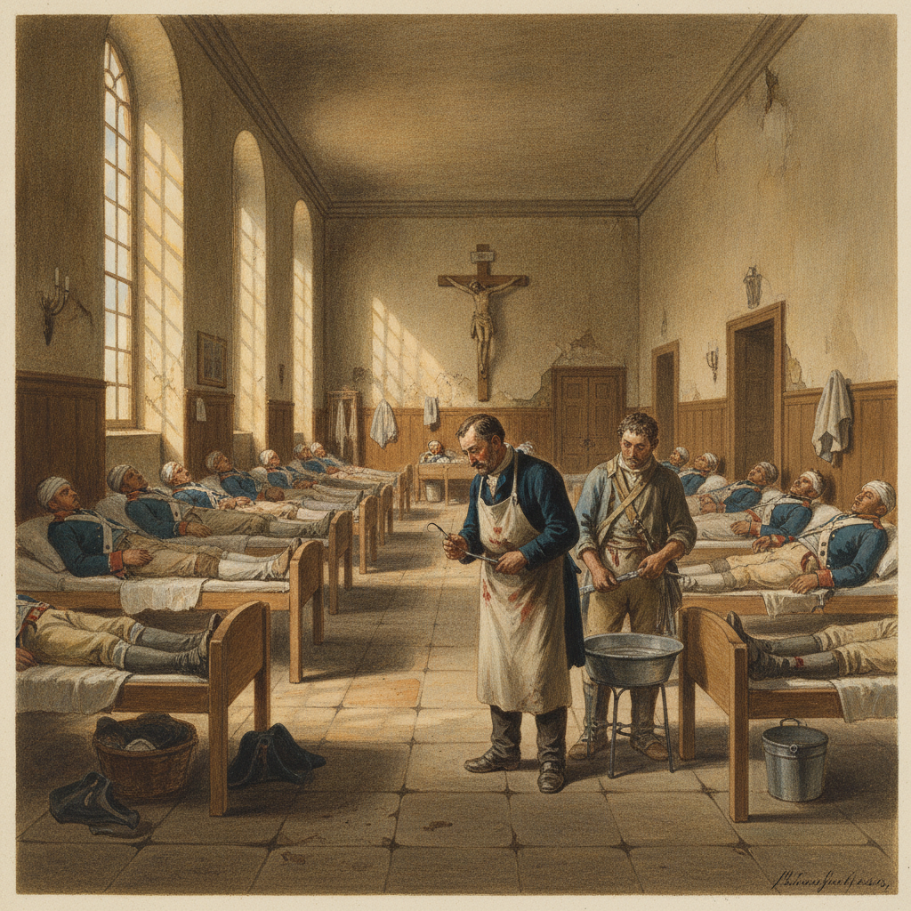 Illustration montrant l'intérieur d'une salle du Collège Wallon transformée en hôpital militaire en 1793, avec des lits alignés et des soldats blessés soignés par des chirurgiens.