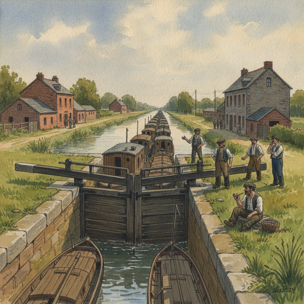 Gouache représentant une scène historique à Arques, près de Saint-Omer. Des péniches en bois sont bloquées dans une longue file d'attente sur le canal, devant une série de cinq écluses successives avec des portes en bois. Des mariniers sont visibles sur les ponts des bateaux, certains semblant impatients ou discutant, des chapeaux et vêtements de travail typiques de la fin du XIXe siècle. Le paysage montre des berges verdoyantes et un ciel nuageux.