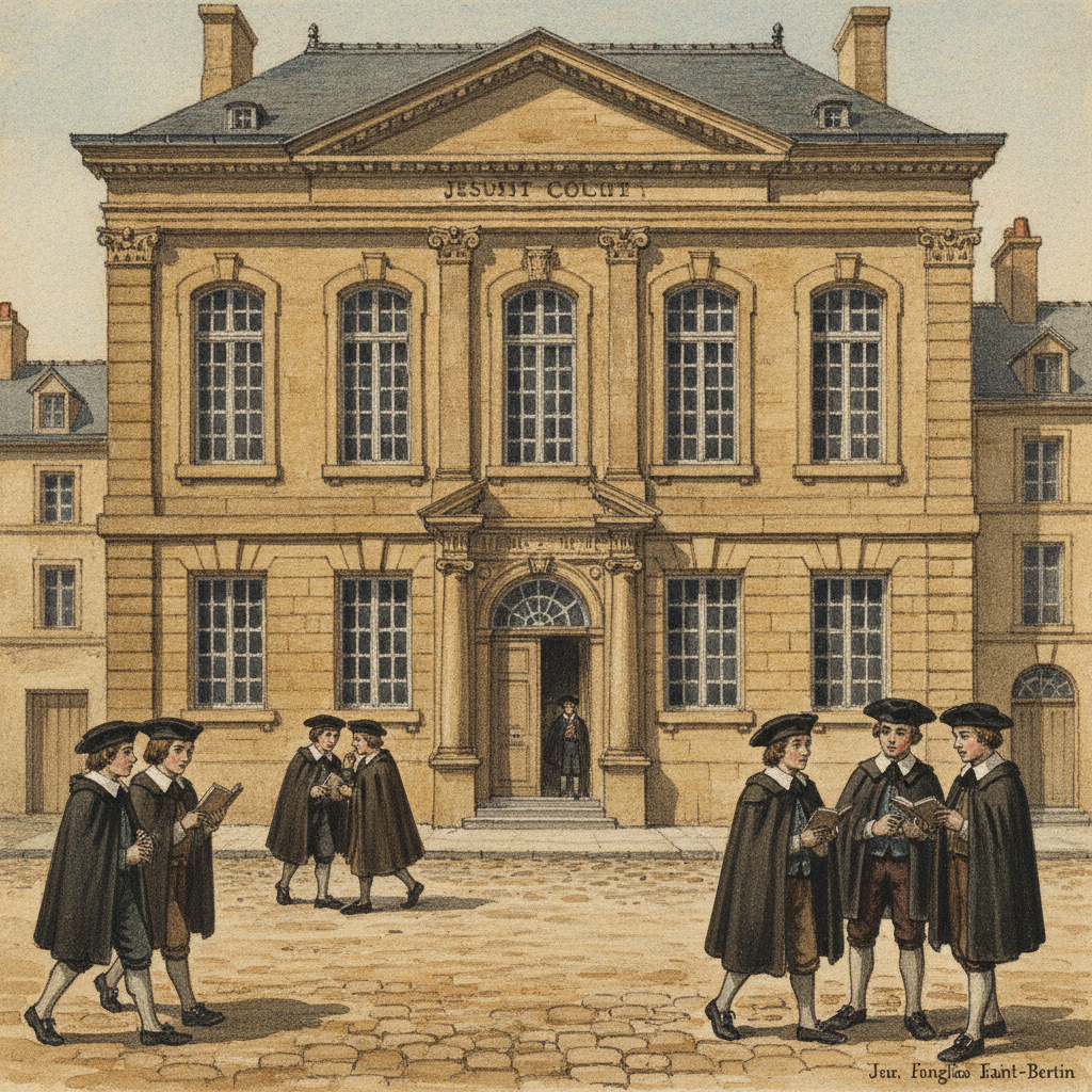 Une gouache représentant la façade classique de l'ancien Collège des Jésuites anglais rue Saint-Bertin à Saint-Omer, avec des étudiants en tenue d'époque devant l'entrée.