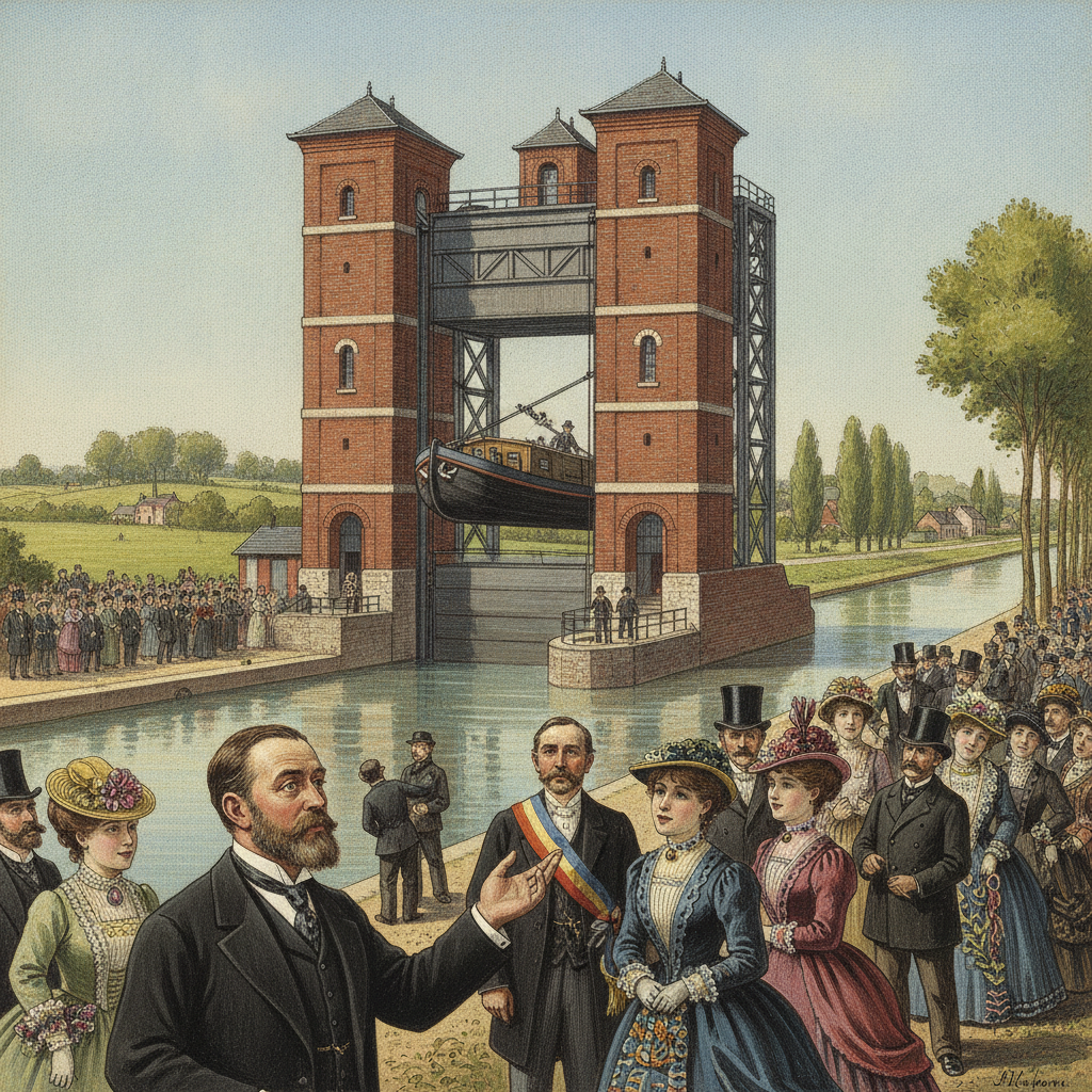 Une gouache représentant l'inauguration de l'Ascenseur à bateaux des Fontinettes à Arques en 1888, avec une péniche dans l'un des caissons en mouvement et des spectateurs en habits d'époque sur les berges.