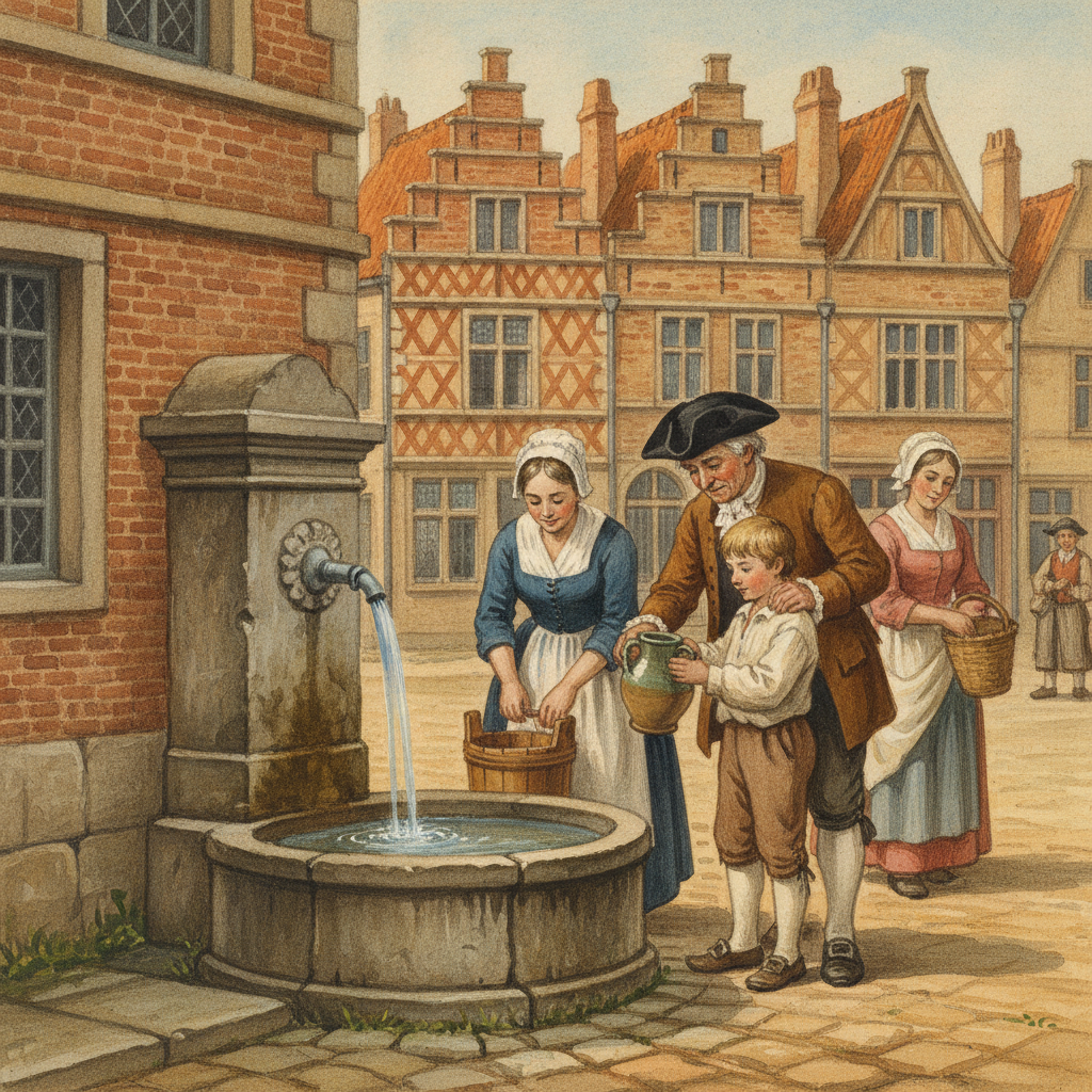 Une gouache représentant une scène du XVIIIe siècle à Saint-Omer. Au premier plan, une fontaine publique en pierre d'où coule de l'eau. Des habitants, vêtus d'habits d'époque (femmes avec des coiffes, hommes avec des tricornes), remplissent des seaux et des cruches. En arrière-plan, des maisons typiques de la ville.
