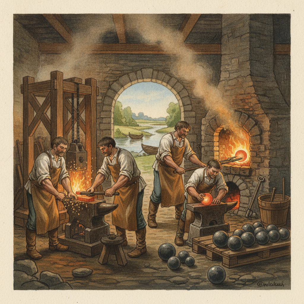 Une gouache représentant une forge ancienne à Esquerdes, avec des ouvriers s'affairant autour d'un four et de marteaux-pilons, produisant des boulets de canon. Le fleuve Aa est visible en arrière-plan.