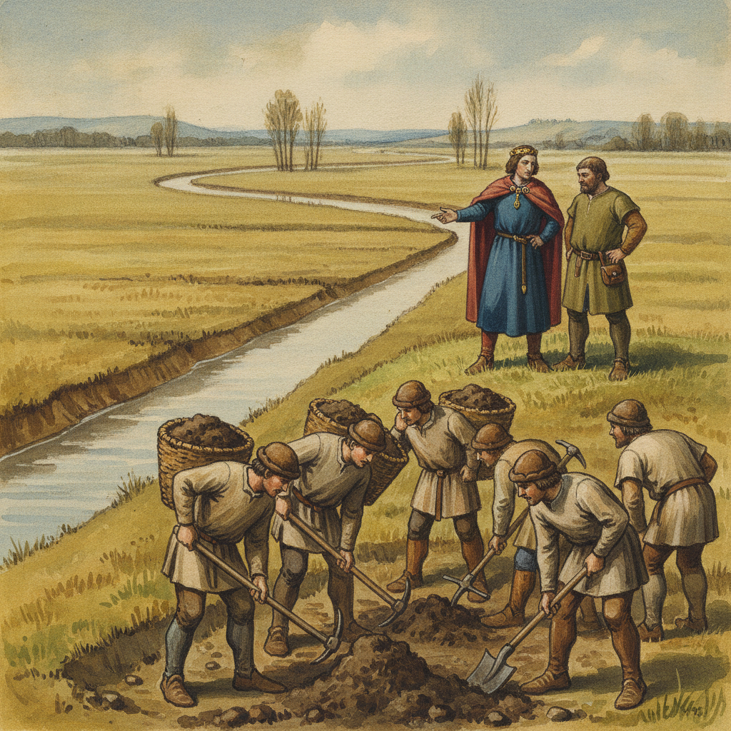 Des ouvriers médiévaux creusent un large canal à la main avec des pelles et des pioches, sous la supervision d'un seigneur. Le paysage est verdoyant et plat, avec une rivière en arrière-plan.