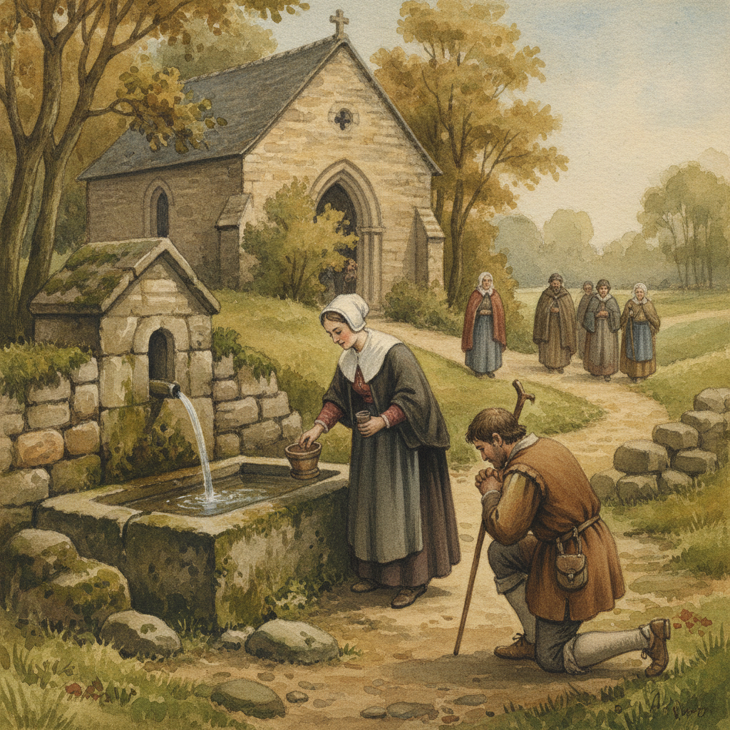 Peinture d'une gouache représentant la fontaine Notre-Dame-des-Miracles à Longuenesse, avec des pèlerins du XVIe ou XVIIe siècle.