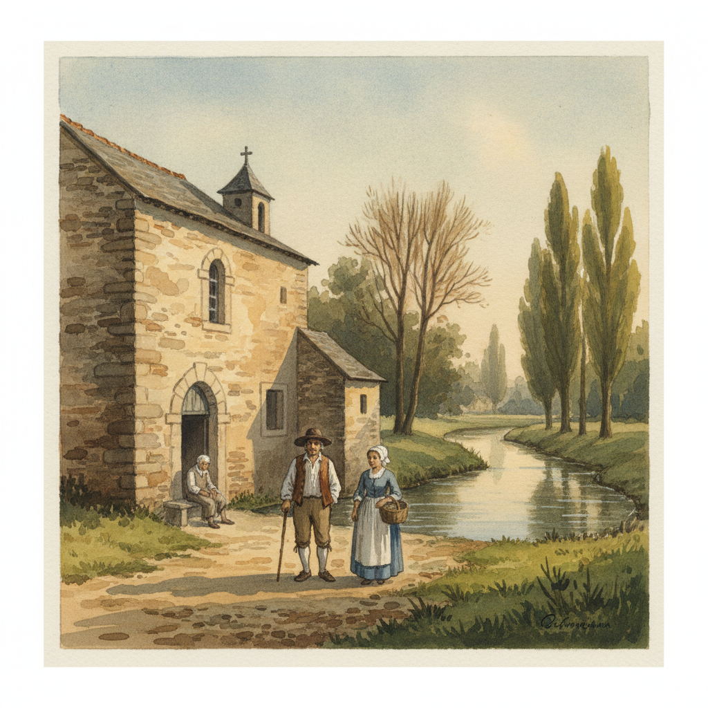 Gouache représentant l'ancienne Maladrerie Saint-Lazare de Saint-Omer au XVIIIe siècle, avec des personnes entrant et sortant.