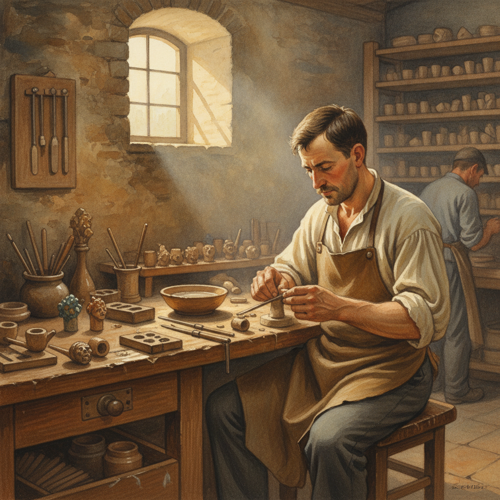 Un ouvrier du XIXe siècle fabriquant une pipe en terre cuite dans un atelier audomarois.