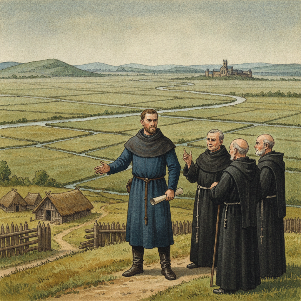 Illustration représentant Philippe d'Alsace et des abbés au bord du marais audomarois, discutant de la gestion de l'eau au 12ème siècle.