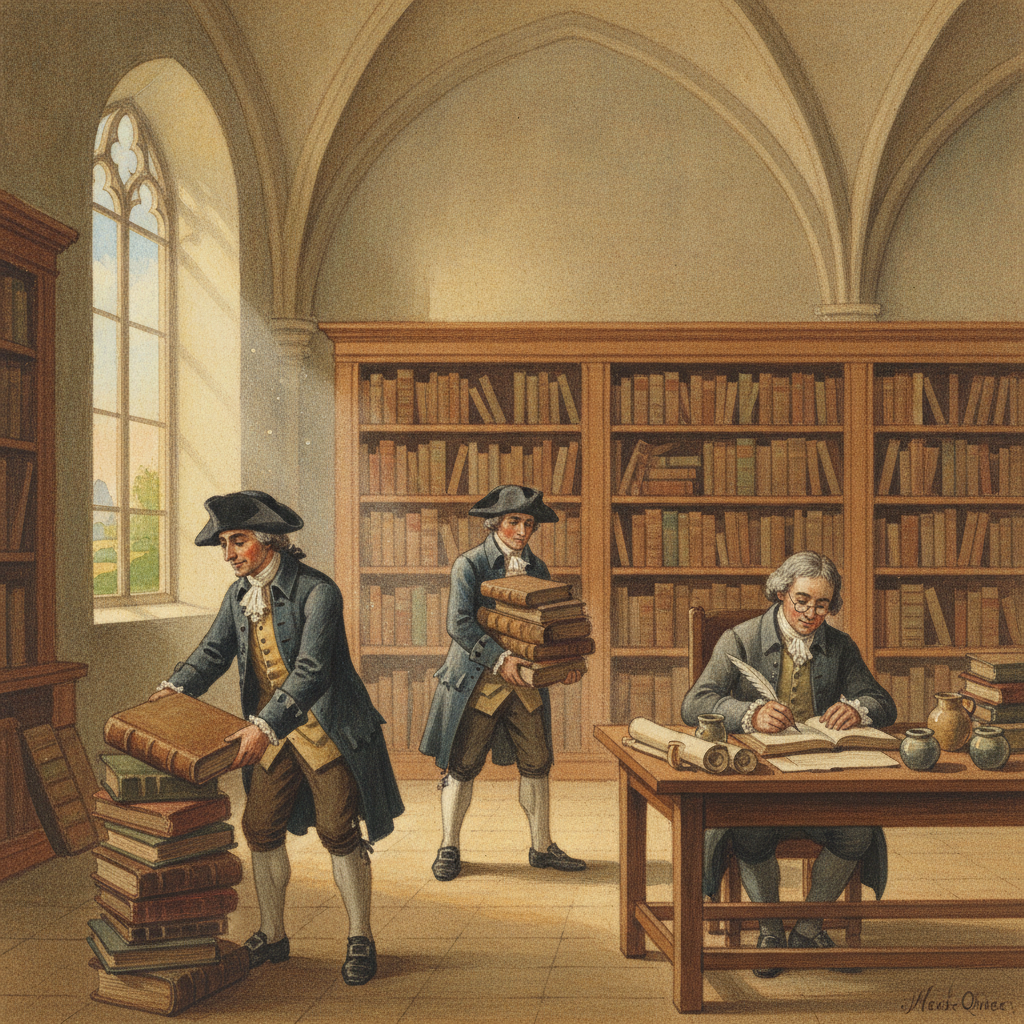 Des hommes en tenue d'époque révolutionnaire regroupent et cataloguent des livres anciens dans une grande salle, symbolisant la formation de la bibliothèque municipale de Saint-Omer.