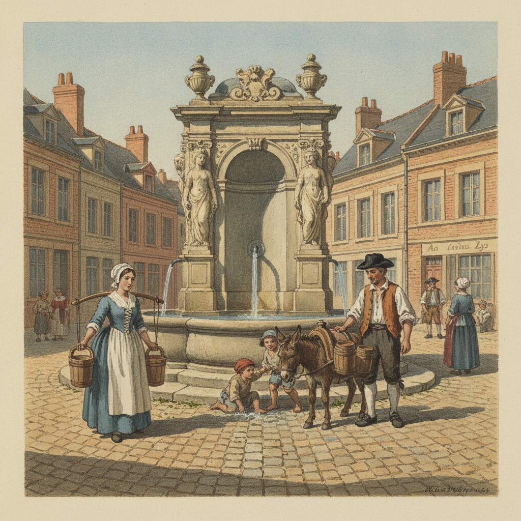 Une gouache représentant la Fontaine Sainte-Aldegonde à Saint-Omer au XVIIIe siècle, avec des habitants venant chercher de l'eau.