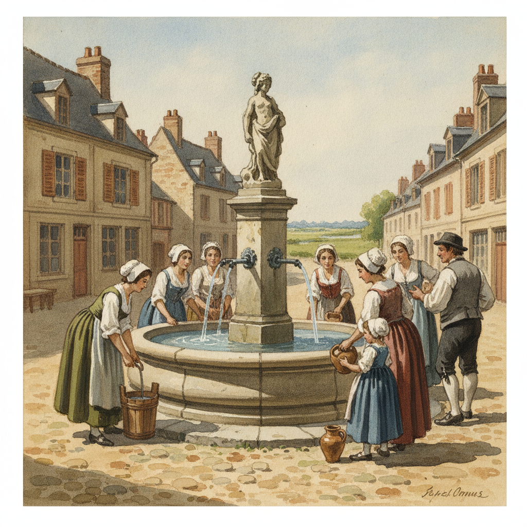 Une gouache représentant la Fontaine Sainte-Aldegonde sur la Place Victor Hugo à Saint-Omer au XVIIIe siècle, avec des Audomaroises remplissant leurs seaux.