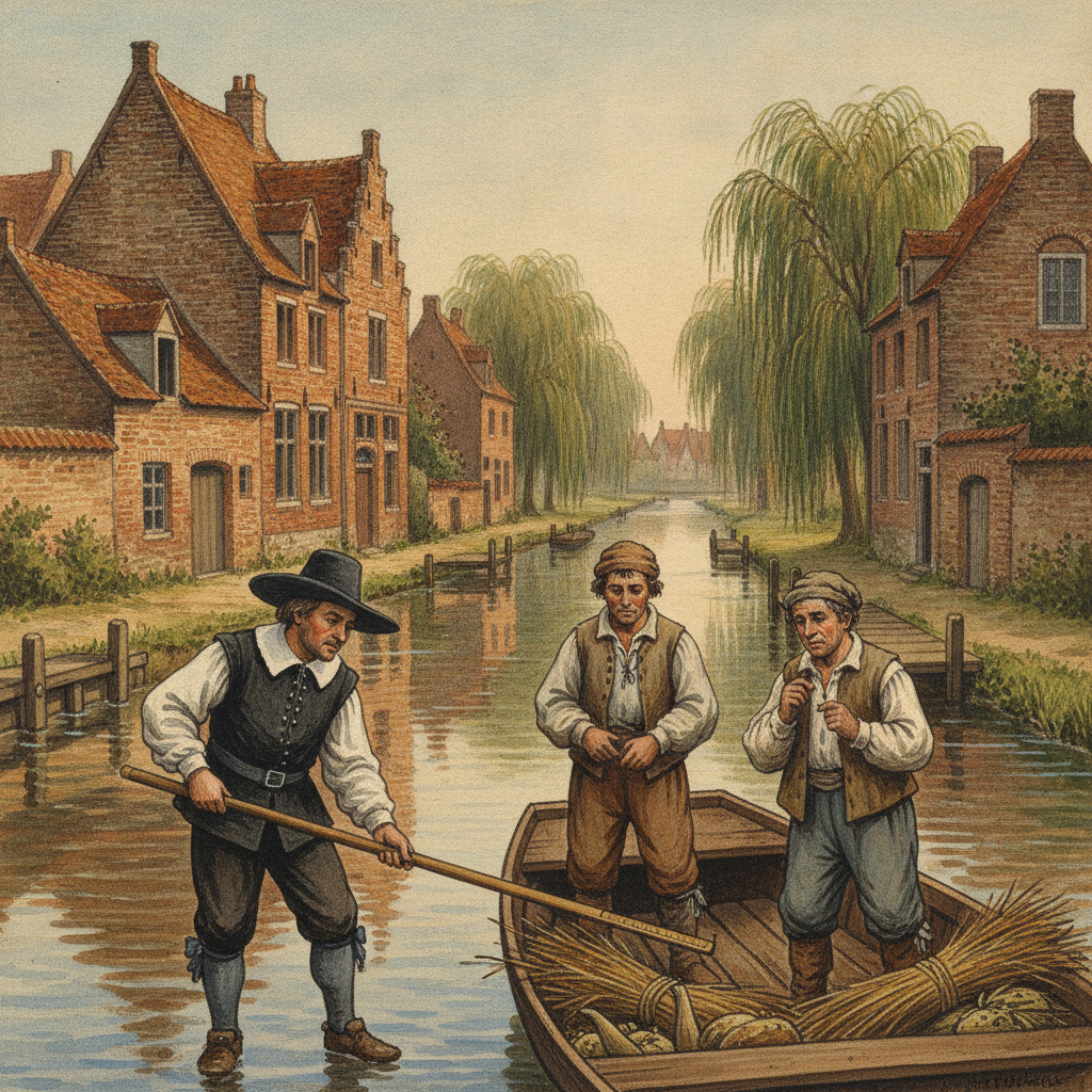 Une scène historique représentant un officier municipal audomarois mesurant la largeur d'un bacôve sur le canal de l'Aa, avec des maisons anciennes en arrière-plan et des mariniers observant.