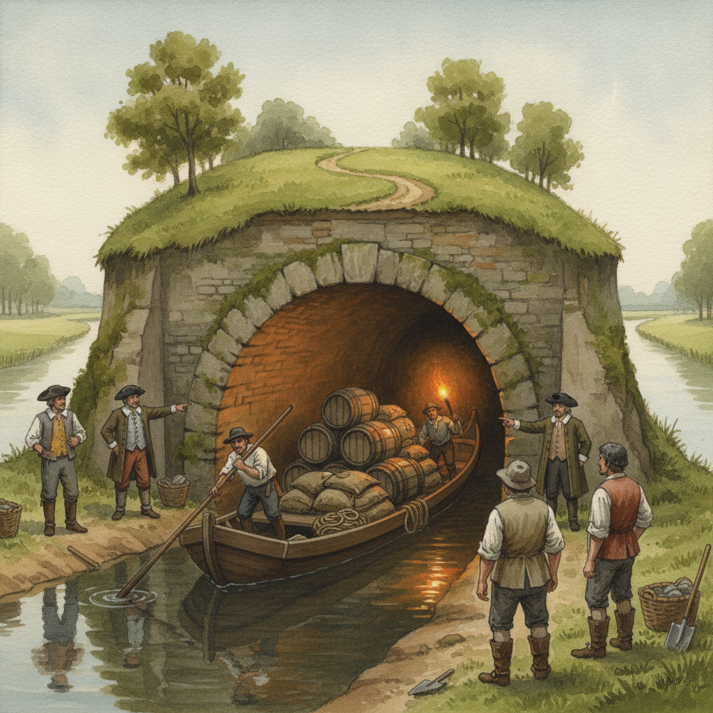 Une vue en coupe du tunnel de Balinghem sous la terre, avec un bateau à fond plat naviguant à l'intérieur, et le canal de la Houlle s'étendant de chaque côté.