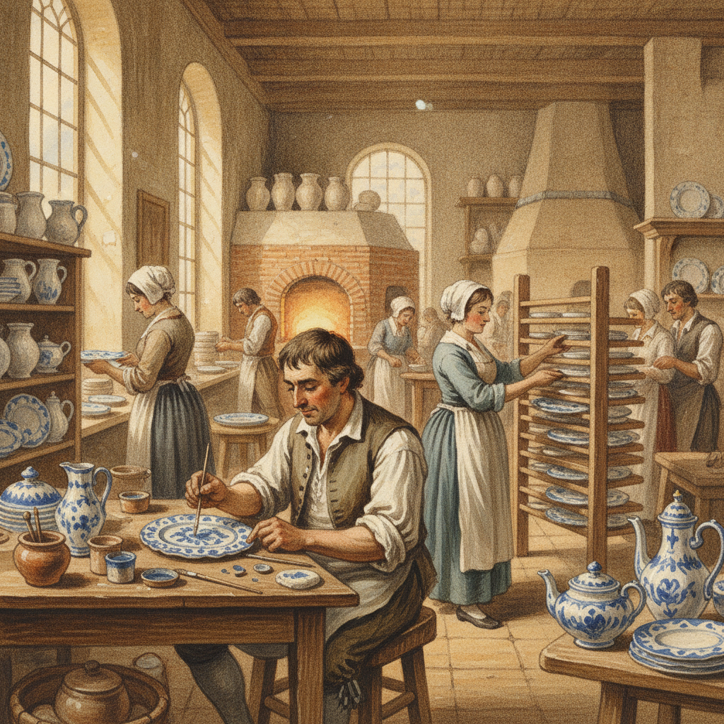 Une gouache montrant l'intérieur animé d'une manufacture de faïence audomaroise au XVIIIe siècle, avec des ouvriers décorant des assiettes et des vases aux motifs caractéristiques.