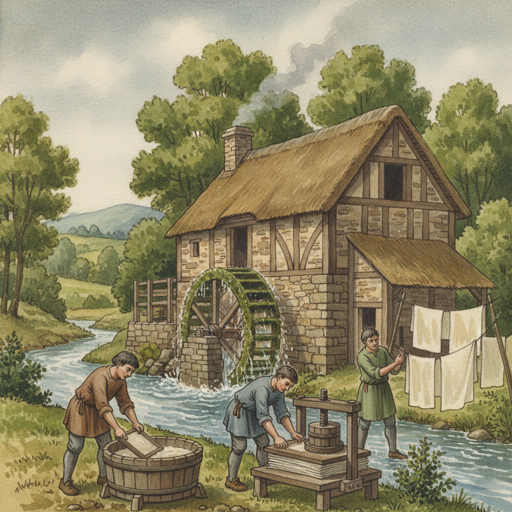 Gouache représentant le Moulin à Papier de Wizernes au Moyen Âge, avec sa roue à eau en mouvement et des personnages en train de travailler à l'extérieur.