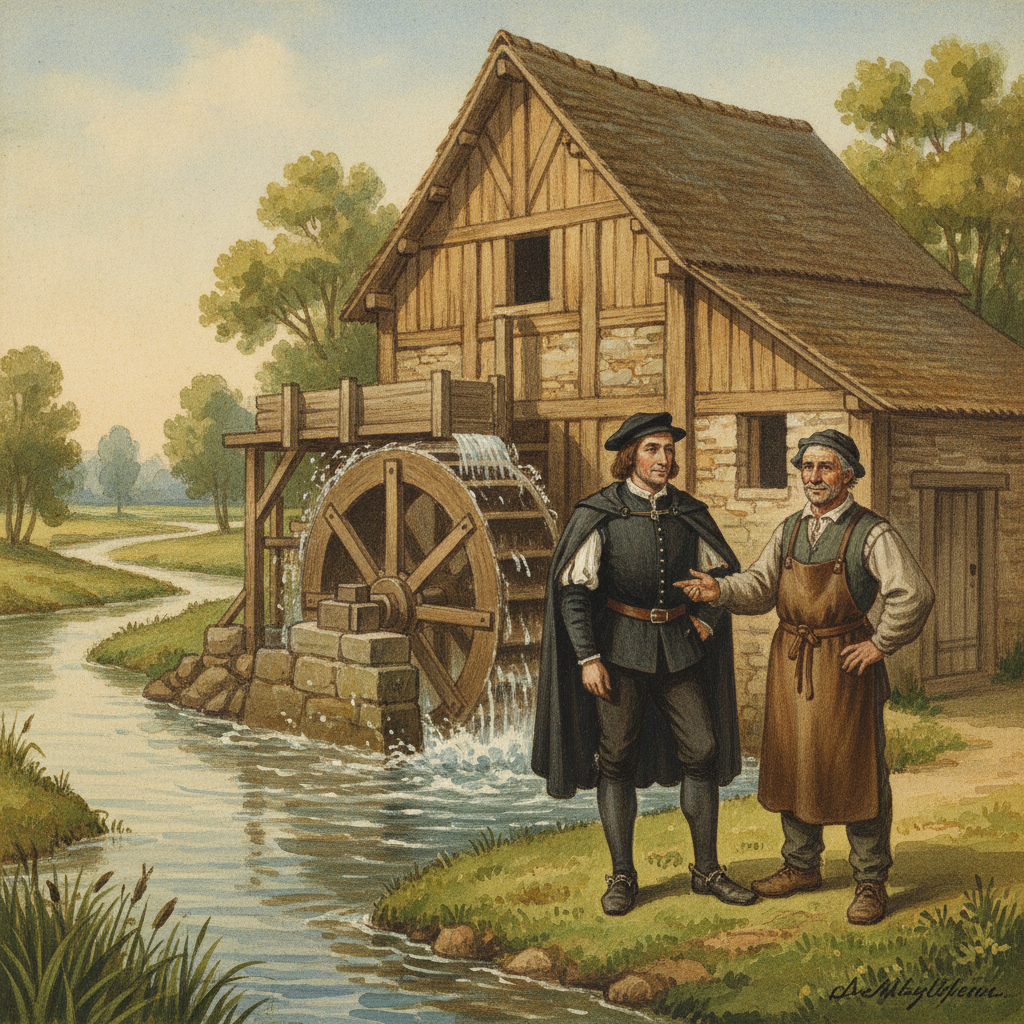 Illustration d'un moulin à papier rustique sur la rivière Aa à Blendecques en 1530, avec Nicolas du Biez et un papetier observant l'ouvrage.