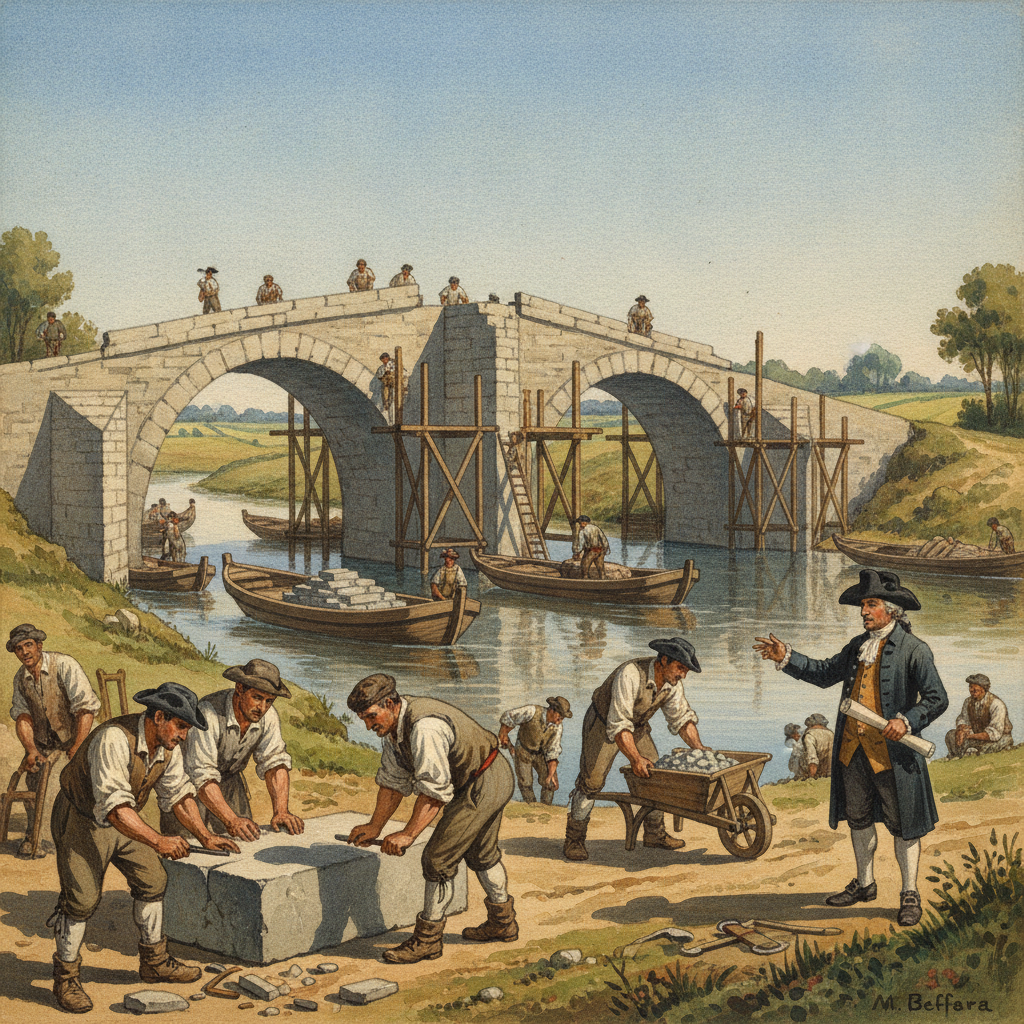 Une gouache représentant la construction du Pont-sans-Pareil au XVIIIe siècle, avec des ouvriers, des bateaux et l'ingénieur.
