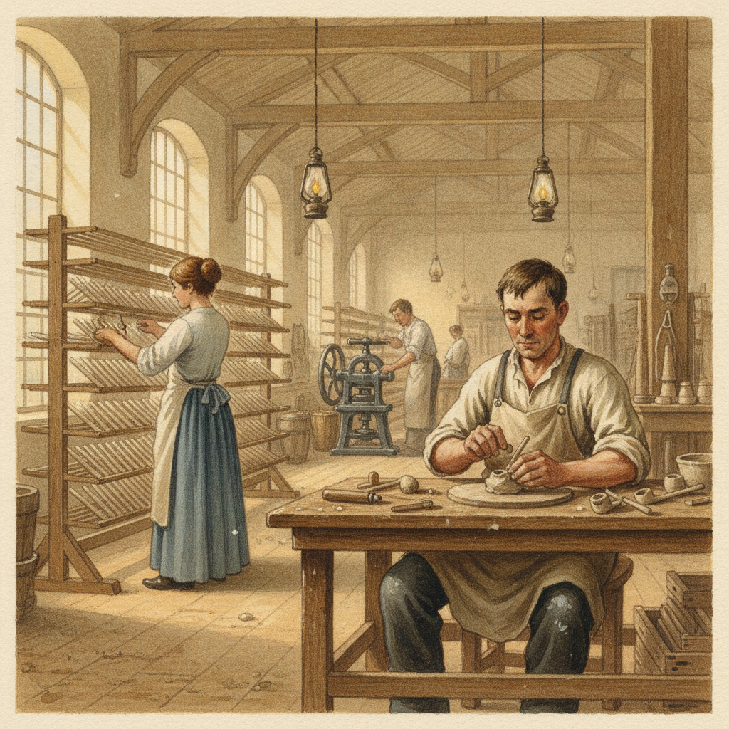 Une gouache représentant des ouvriers dans une fabrique de pipes en terre à Saint-Omer au 19e siècle. Un homme moule des pipes à un établi tandis que d'autres s'affairent autour de séchoirs remplis de pipes.