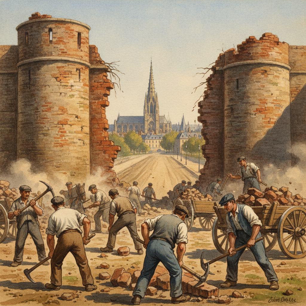 Scène de démolition de remparts en briques et pierre, avec des ouvriers et des charrettes, au XIXe siècle, à Saint-Omer.