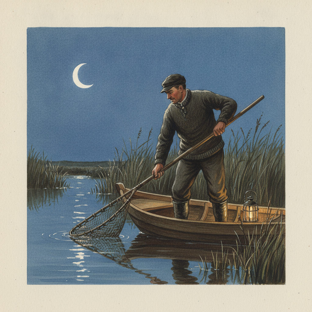 Illustration d'un pêcheur dans une barque traditionnelle la nuit, pêchant l'anguille dans le marais audomarois.