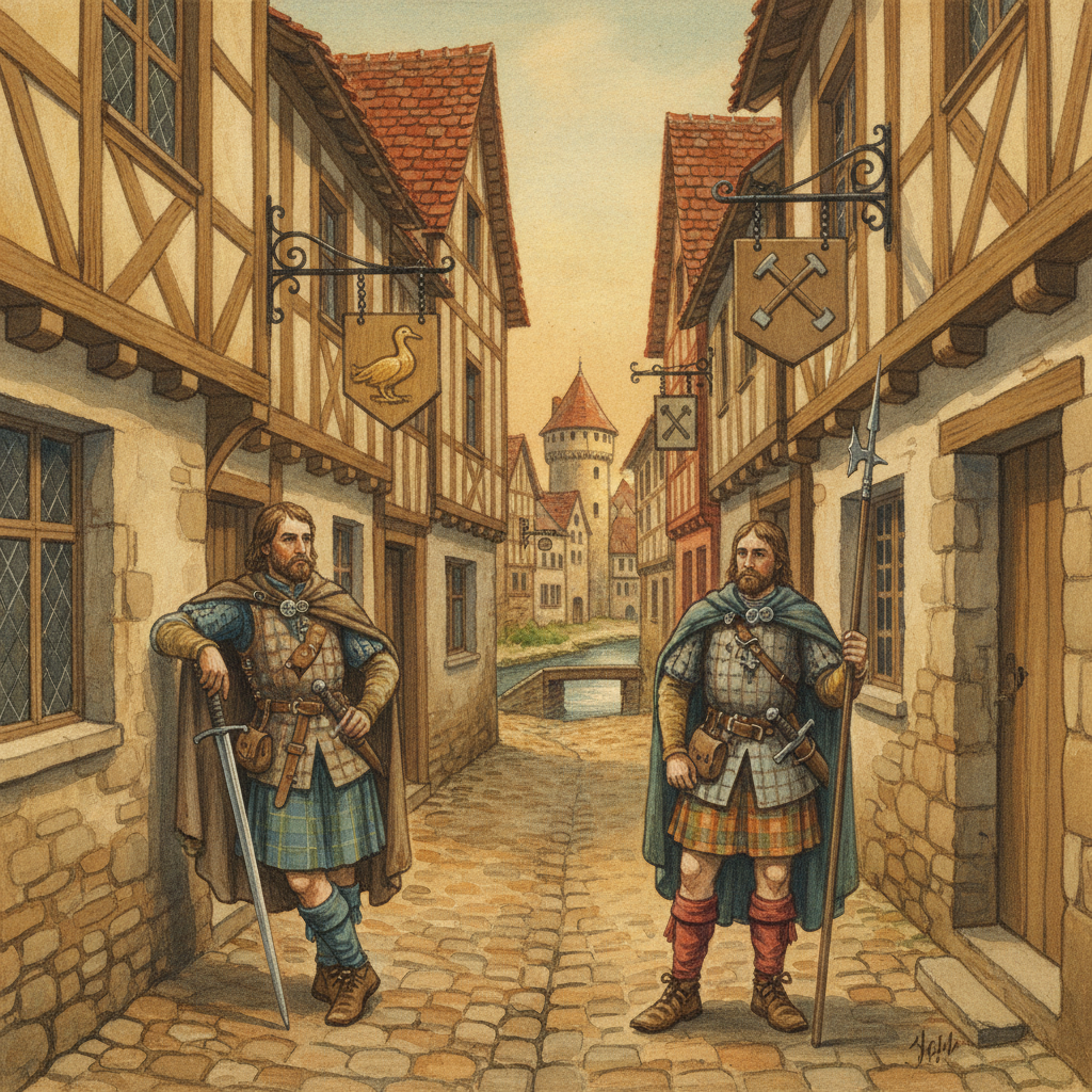 Une gouache représentant deux ou trois mercenaires écossais, vêtus de tenues distinctives de la fin du Moyen Âge, discutant dans une rue pavée de Saint-Omer. Des maisons à colombages et toits pointus typiques de l'époque bordent la rue. La lumière est douce, de fin d'après-midi.