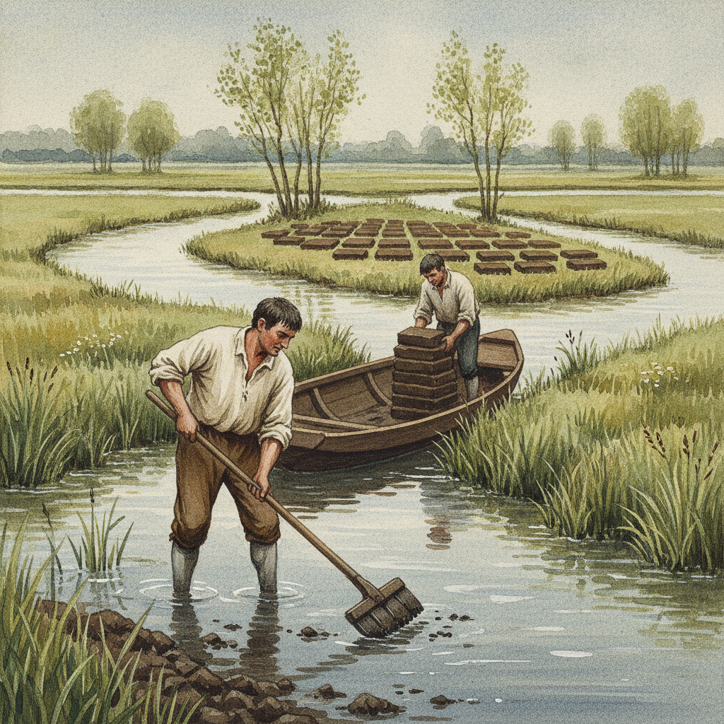 Une scène montrant des hommes extrayant de la tourbe dans le Marais Audomarois, avec des canaux et des îlots de terre typiques.