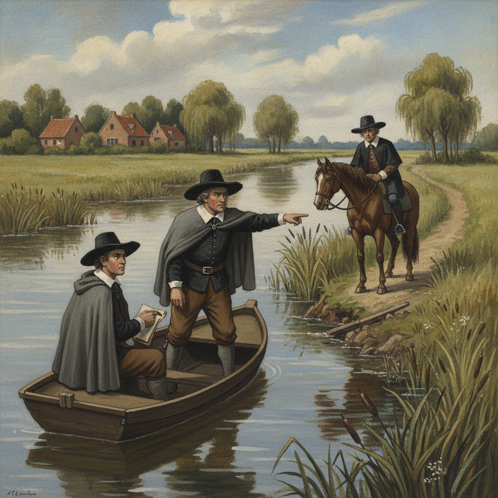 Des hommes en costumes d'époque inspectant un canal du marais audomarois depuis une barque et à cheval.