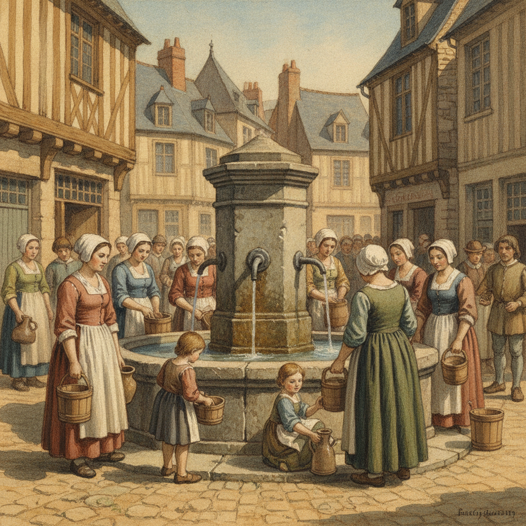 Scène animée autour de la Fontaine de la Citerne à Saint-Omer au XVIe siècle, avec des habitants puisant de l'eau.