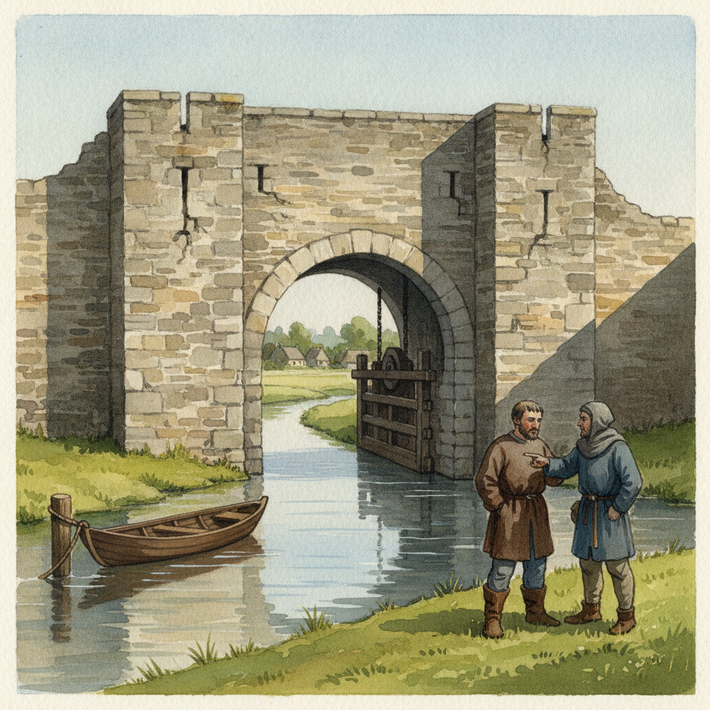 Vue extérieure de la Porte des Garennes à Saint-Omer, une imposante structure en pierre avec une arche et des murs épais, datant du Moyen Âge.