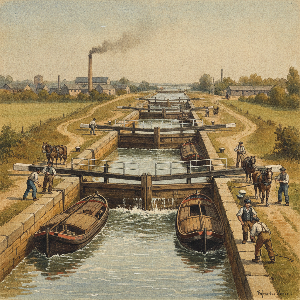 Gouache représentant cinq écluses successives sur un canal, avec des bateaux traditionnels et des mariniers peinant à les franchir au XIXe siècle.