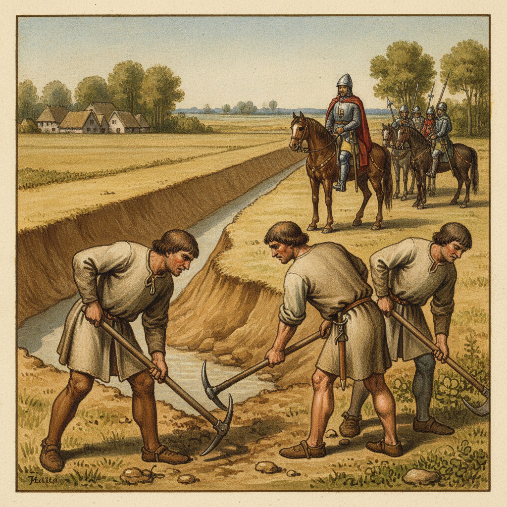 Gouache représentant des ouvriers médiévaux creusant le fossé de Neufossé sous la supervision d'un seigneur à cheval.