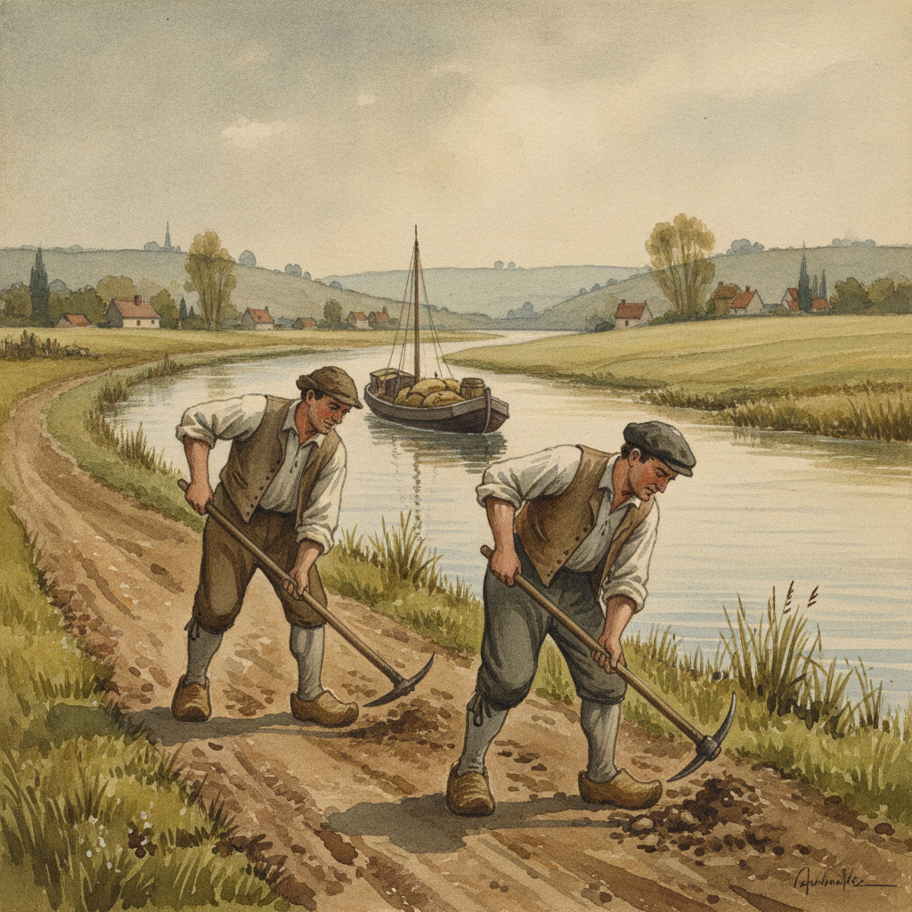 Des hommes en habits du XVIIe ou XVIIIe siècle s'activent sur un chemin de terre longeant un fleuve, avec un bateau de transport à proximité.
