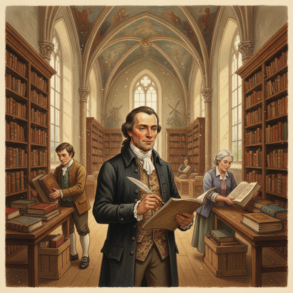 Louis-François Doutreleau, un homme élégamment vêtu du début du XIXe siècle, est représenté au milieu d'une pièce remplie de livres. Il tient un registre et semble superviser le tri de manuscrits et d'ouvrages anciens. La pièce est une ancienne bibliothèque monastique.