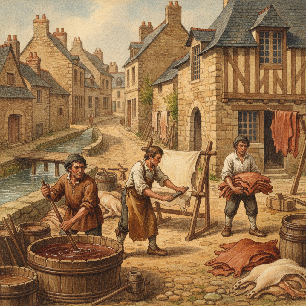 Des hommes travaillant dans une tannerie de Saint-Omer au XVIIe siècle, près de la rivière Petite Aa, avec des peaux et des tonneaux.