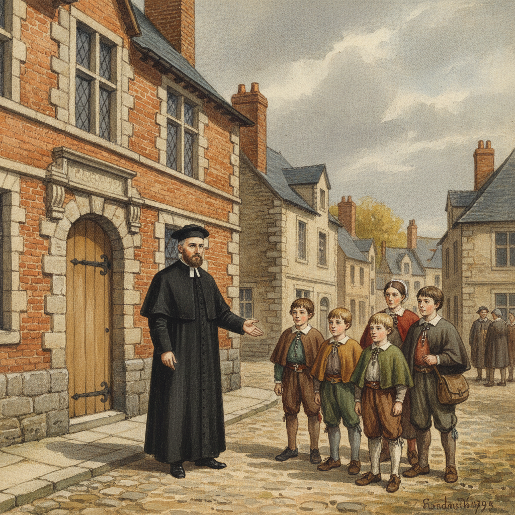 Une gouache représentant un prêtre jésuite accueillant de jeunes garçons anglais devant un bâtiment de collège du XVIe siècle à Saint-Omer.