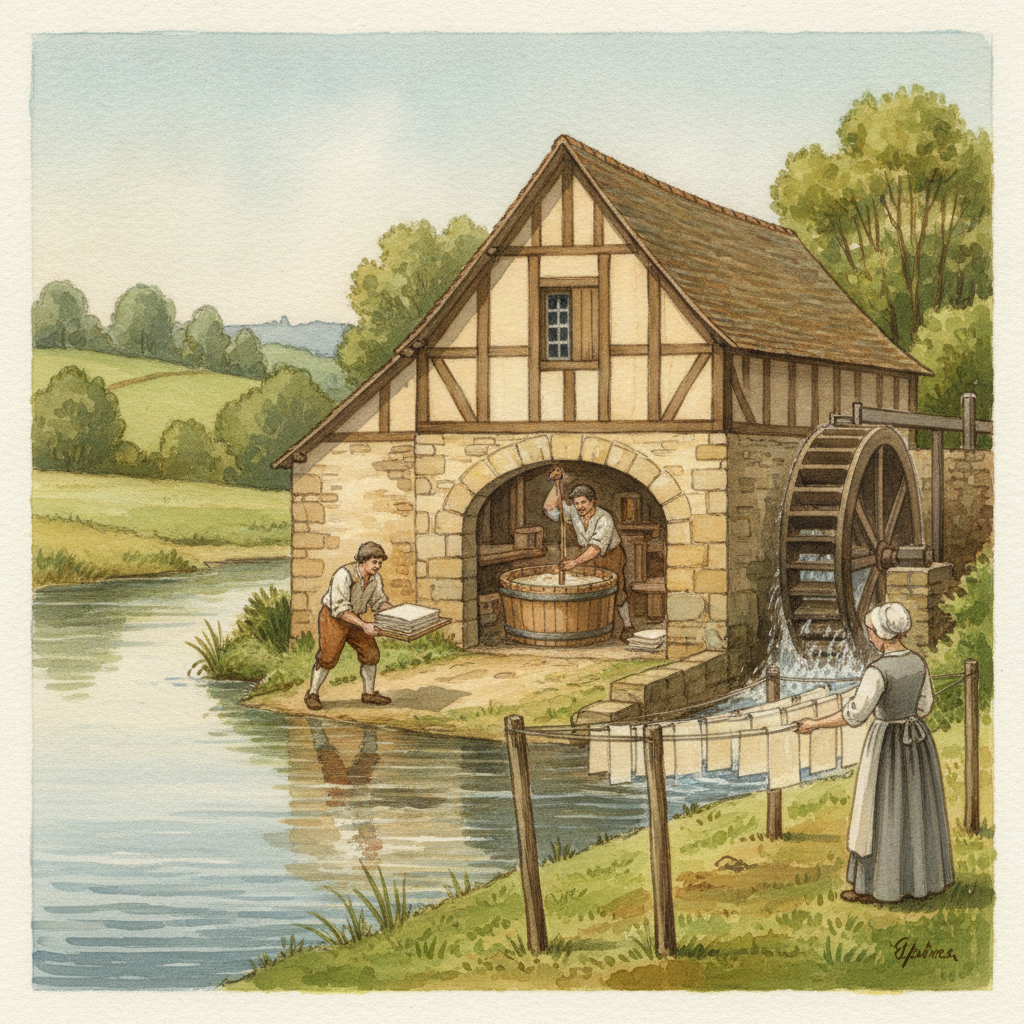 Illustration d'une papeterie au bord d'une rivière, avec des ouvriers s'affairant, au 17e siècle.