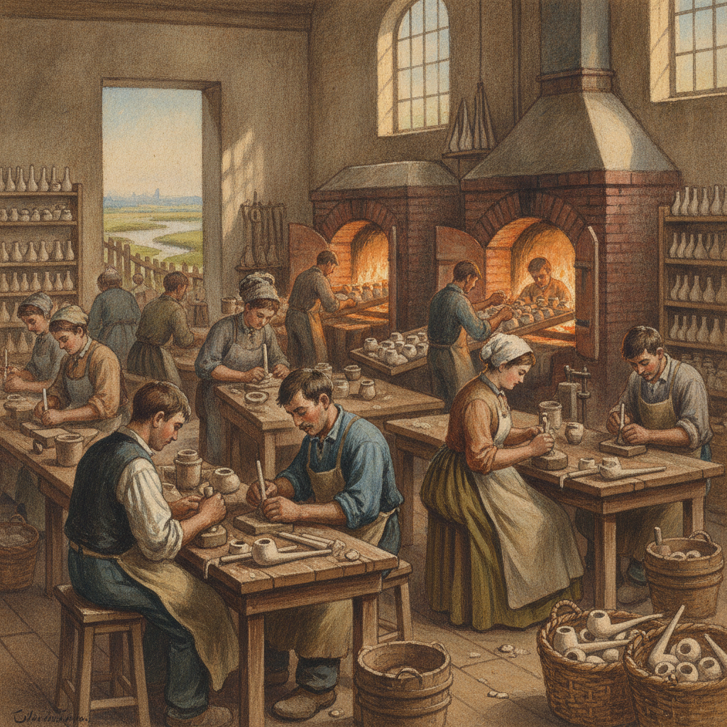Une gouache représentant des ouvriers au travail dans une fabrique de pipes en terre à Saint-Omer, vers 1880, avec des fours en arrière-plan.