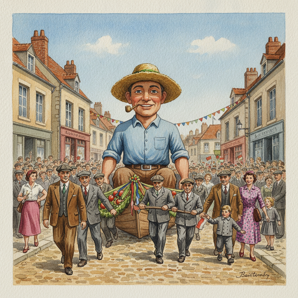 Le géant Batistin, tel qu'il était en 1952, défilant sur son bateau lors d'une ducasse à Saint-Omer, représentant un maraîcher avec un chapeau de paille.