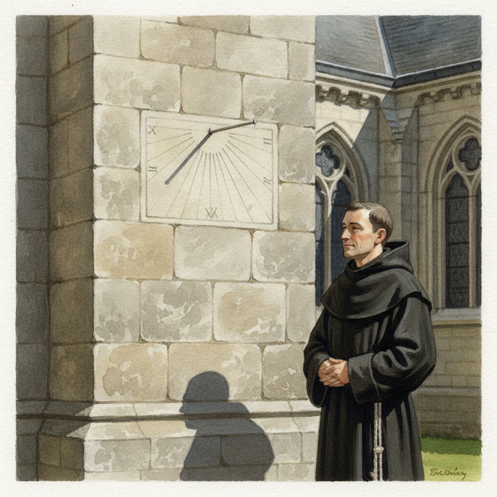 Illustration d'un cadran canonique simple gravé sur la pierre, sur le mur d'une cathédrale médiévale, avec l'ombre d'un gnomon indiquant une heure.